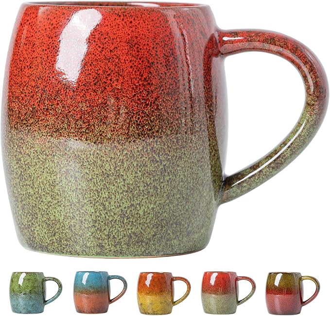 Handmade 22oz Ceramic Coffee Mug, Ergonomic Large Handle, Ideal Gift for Coffee Lovers, Microwave & Dishwasher Safe (Minute-Red&Green)