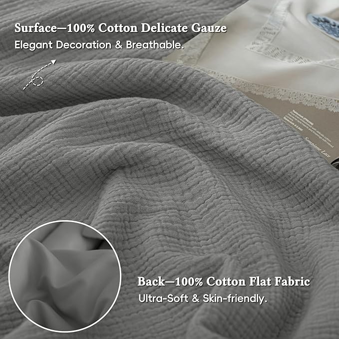 David's Home 100% Cotton Muslin Duvet Cover Set Twin Size,2 Pcs Ultra Soft Breathable & Lightweight Gauze Bedding Set with 1 Pillowcase,Textured Home Decor with Button, 68"×90" Dark Grey,No Insert