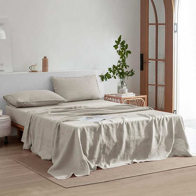 EVERLY Linen Sheets Set Queen Size, 100% French Stonewash Pure Linen, 4 Pieces (1 Flat Sheet, 1 Fitted Sheet, 2 Pillowcases), Deep Pocket Natural Bedding Set, Not Dyed, Suitable for Hot Sleepers
