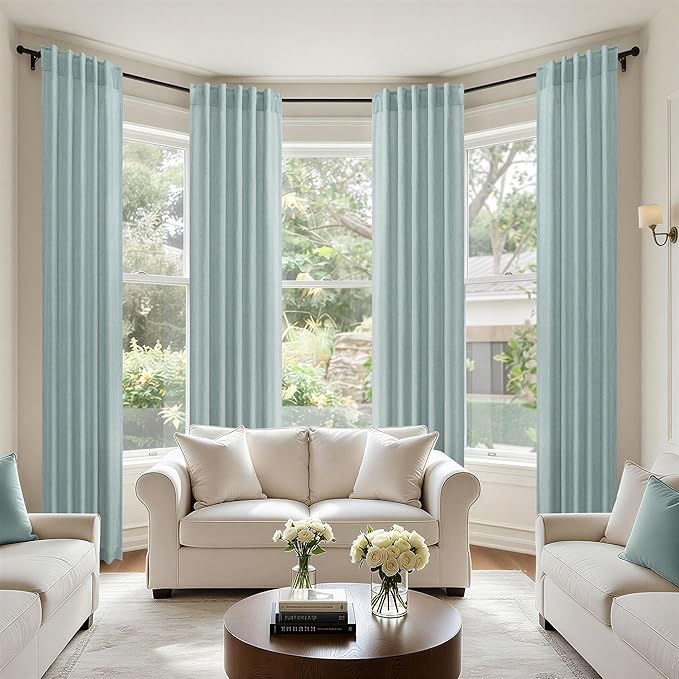 Seafoam Curtains 38 Inch Width for Kitchen 2 Panel Back Tab Rod Pocket Semi Sheer Linen Short Cafe Tier Blue Green Curtains for Bathroom Small Windows Basement Laundry Coastal Beach Wide 38x45 Length