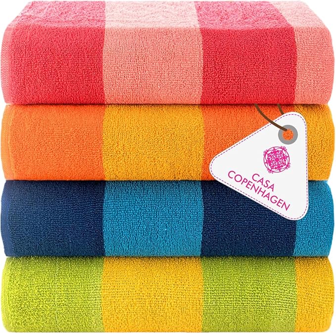 CASA COPENHAGEN Malibu Beach Towels Designed in Denmark Rough and Tough, Quick Dry, for Pool, Bath & Shower 30x60 inches 4 Pieces Cotton Beach Bath Towels Set - Orange, Blue, Pink, Green