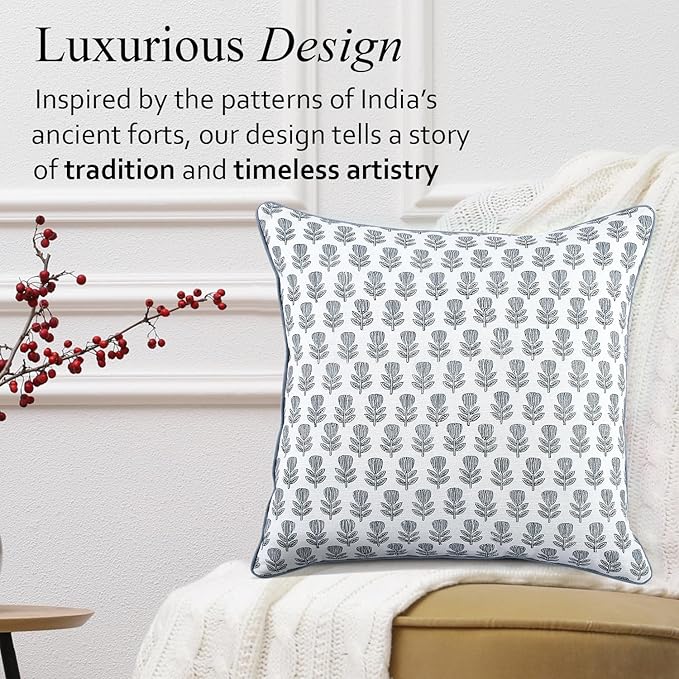 CPC Morning Bloom Blue Block Print Throw Cushion Cover 18 x 18 Inch Set 2 - Decorative Boho Floral Pillow Case For Living Room, Bed, Sofa, Couch, Home Decor Cushion Cover Gift For Spring, Mother's Day