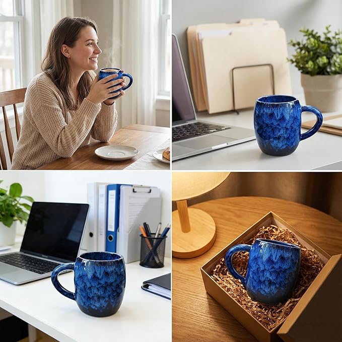 21oz Unique Handmade Ceramic Coffee Mug - Kiln Change Artisan Pottery, Large Handle, Microwave & Dishwasher Safe, Lead-Free Thick Stoneware, Gift for Office, Men & Women (Deep Blue)