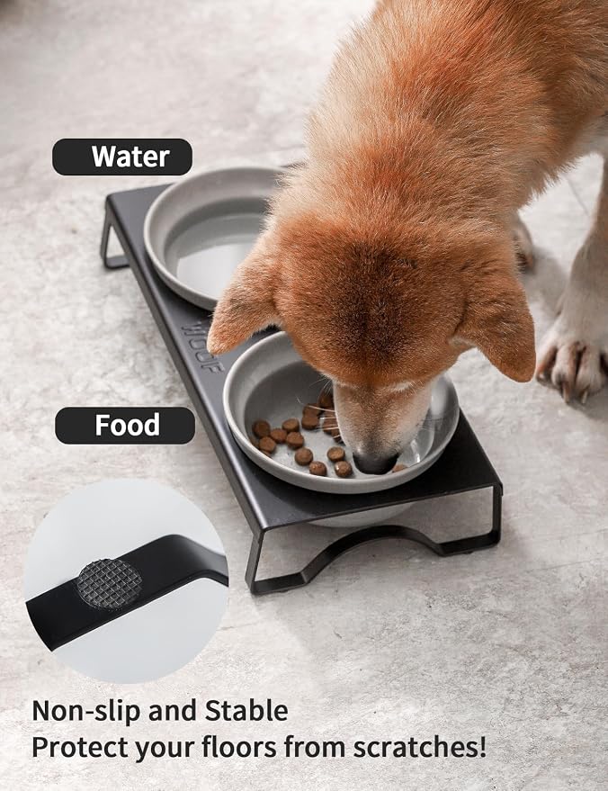 Ceramic Grey Dog Bowls Set - 5 inch Dog Food & Water Bowls, Elevated Feeding Bowls with Metal Stand for Small Size Dog,Puppy Bowl Set for Wet and Dry Food