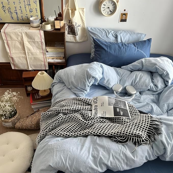 mixinni 100% Washed Cotton Duvet Cover Set Full Size, Solid Light Blue Ocean Themed Chic Bedding, Soft Breathable Minimalist Comforter Cover with Zipper Closure & Corner Ties-Full Size