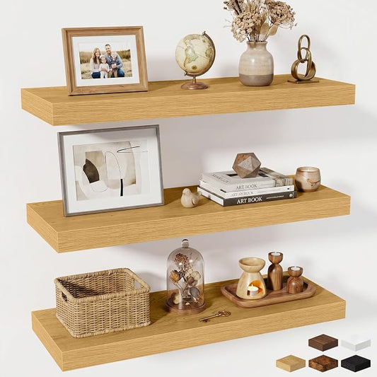 Fun Memories Floating Shelves for Wall, 30 Inch Long Floating Shelves Set of 3, 30 x 10 Wooden Shelves for Wall, Large Storage Shelves, Hanging Shelves for Bathroom Kitchen Bedroom, Oak
