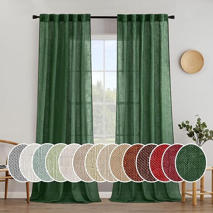 MIULEE Emerald Green Linen Curtains 108 Inches Long for Bedroom Living Room, Soft Thick Linen Textured Window Drapes Semi Sheer Light Filtering Back Tab Rod Pocket Christmas Decor, 2 Panels