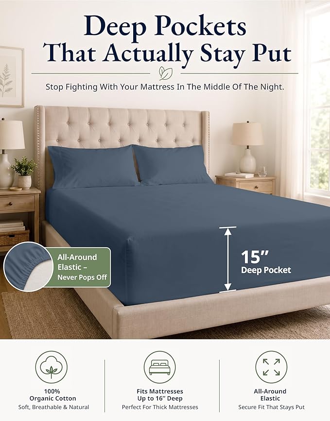 LANE LINEN 100% Organic Queen Size Fitted Sheet(+Pillowcases), Soft & Comfy Fully Elasticized Naturaly Temperature Regulating for Hot Sleepers Deep Pocket Fits Mattress Upto 15"- Estate Blue