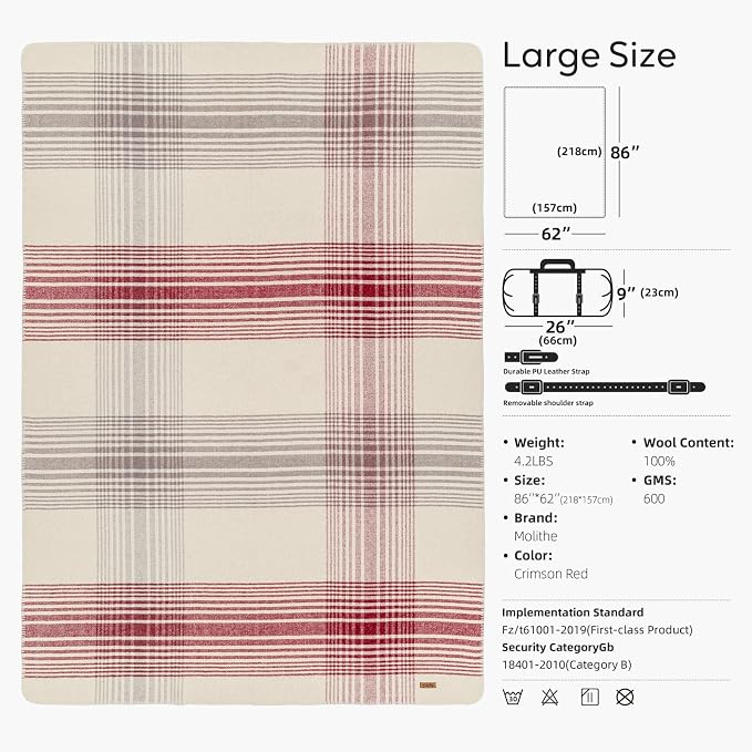 Molithe 100% Wool Blanket, 62" x 86", Warm, Thick, Washable, Military | Great for Camping, Outdoors, Sporting Events, Survival Kits CrimsonRed