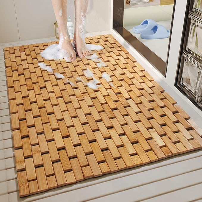 Bath Mat for Luxury Shower, Non-Slip Bamboo Sturdy Waterproof Bathroom Carpet for Sauna Spa Steps Decor and Accessory, Dark Khaki, 20" x 28"