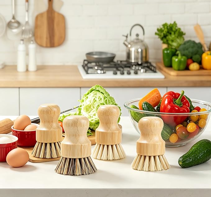 Bamboo Dish Brush Set with Palm and Sisal Bristles, 4 Pcs Natural Bamboo Dish Scrubber Brush for Kitchen Cleaning, Pots, Pans, Vegetables, Fruit