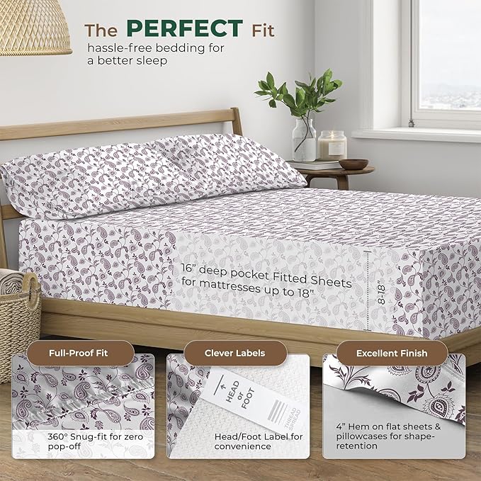 THREAD SPREAD 100% Organic Cotton Sheets Queen Size - Organic Cotton Percale Weave Sheet Set (4 PC, Paisley), Soft, Cooling, Crisp & Breathable, 16" Deep Pocket Hotel Quality Bedding Set