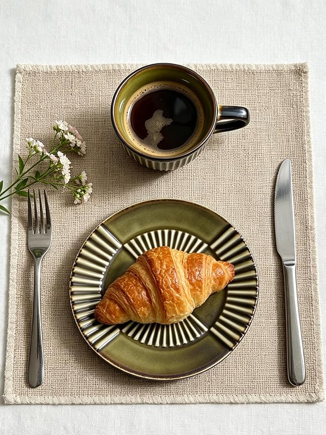 Ceramic Coffee Cup and Saucer Set, 6.7 oz Espresso Cup Set with Plate, Olive Gold Ceramic Tea Cup for Latte, Cappuccino, Coffee Bar and Kitchen Décor
