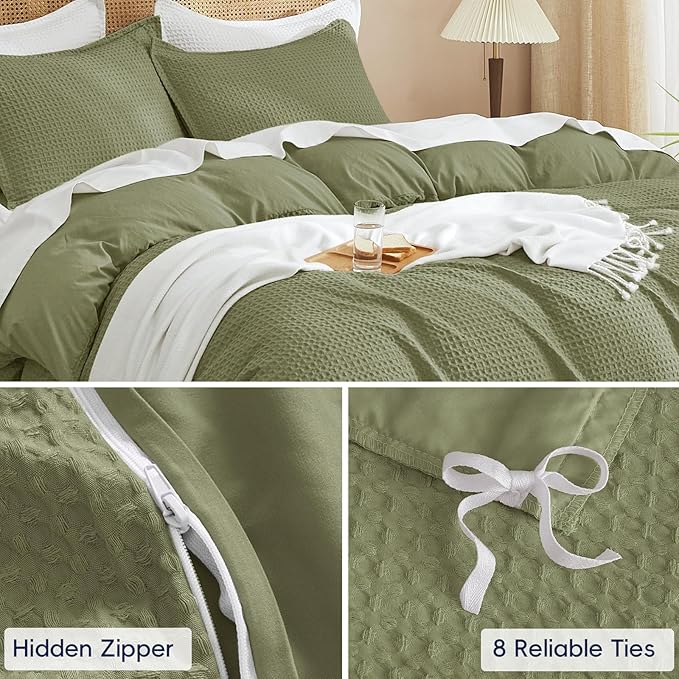 PHF Waffle Weave Duvet Cover Set King Size, No Snagging Ultra Soft Luxury Textured Breathable Comforter Cover for All Season 3pcs, Durable Bedding Duvet Set with 2 Pillow Shams, 104"x90", Olive Green