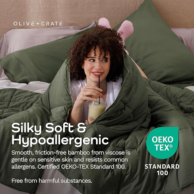 Olive + Crate Cooling Down Alternative Comforter - Hypoallergenic King Size Duvet Insert Lightweight - All Seasons Plush Design Bamboo Comforter - 100% Bamboo Viscose Outer Cover - Moss 102"x90"