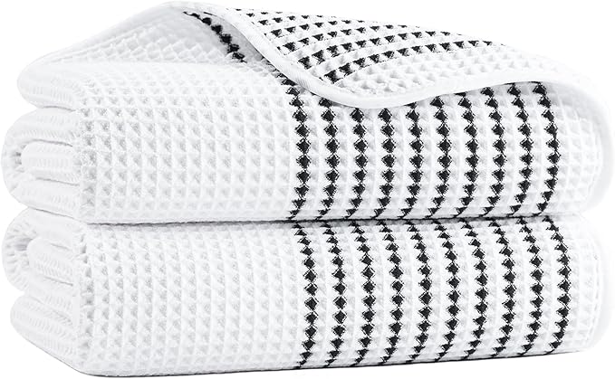MICROFI New Microfiber Waffle Bath Towels, 2 Pieces, Soft, Absorbent, Fast Drying, Lint Free 430 GSM (White Striped)