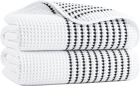 MICROFI New Microfiber Waffle Bath Towels, 2 Pieces, Soft, Absorbent, Fast Drying, Lint Free 430 GSM (White Striped)