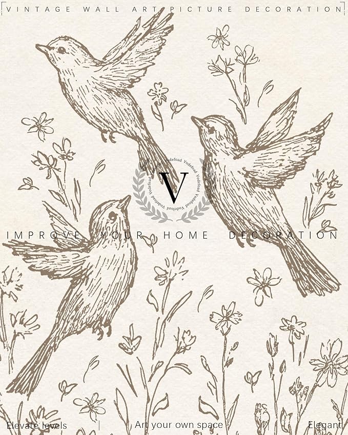 Vodefoad Sketch Bird Vintage Wall Art Retro Nursery Flying Bird Art Print Neutral Cottagecore Nursery Decor Farmhouse Rustic Birds Wall Decor for Gallery Nursery Bedroom Bathroom Office - 8x10Inch Unframe