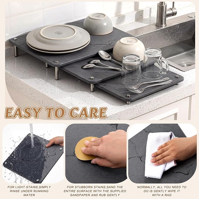 3 Pcs Nesting Stone Drying Mat for Kitchen Counter, Diatomaceous Dish Stone Drying Mats Quick for Kitchen Counter, Non Slip Feet, Heat Resistant, Nesting Stackable Design(Marble,Grey)