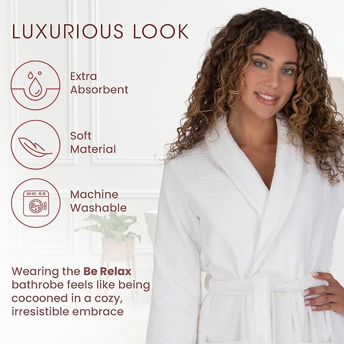 Be Relax Bathrobe for Women - Full Length Terry Cotton Robe with Shawl Collar and Hood, Warm and Cozy Robe with Belt & Pocket