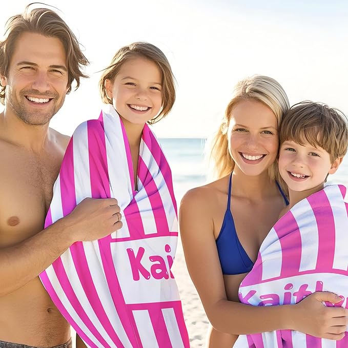 JML Personalized Beach Towel with Name, Custom Cabana Stripe Beach Towel, Customized Microfiber Pool Towel, Quick Dry & Absorbent Swim Towel for Adult,Anniversary, Birthday, Summer Holiday,Vacation