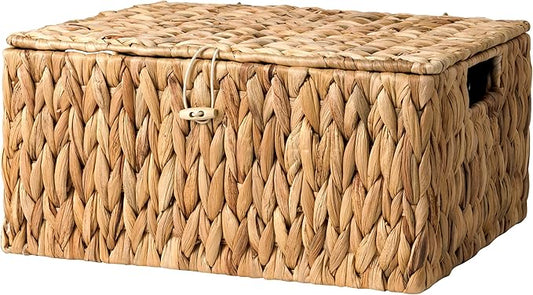 StorageWorks Large Water Hyacinth Baskets for Organizing, Wicker Basket with Lid for Shelves, Storage Basket with Lid and Built-in Handles, 1 Pack