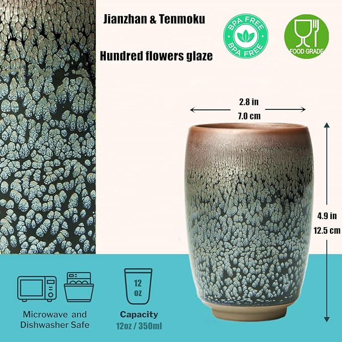 Handmade Porcelain Coffee Mug no Handles, 12 oz, Flowers Glaze | Jianzhan Tenmoku Ceramic Tea Cup, Cylindrical, for Coffee, Beer and Tea, Art Gift