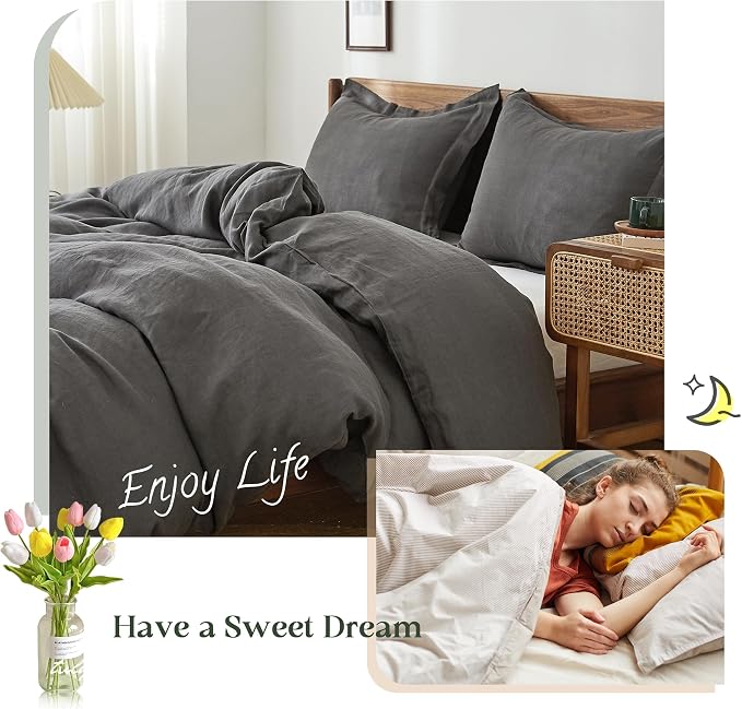 Simple&Opulence 100% Linen Duvet Cover Set, Natural French Flax Dark Grey Duvet Cover Twin Size, Breathable Soft Comfy Linen Bedding Comforter Cover with 1 Pillowcase(Dark Grey, 68"x86")