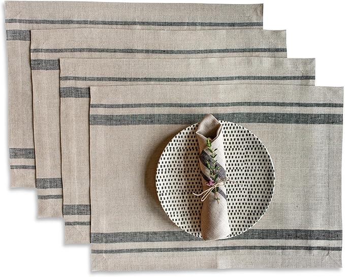Solino Home Linen French Stripe Placemats Set of 4-100% Pure Linen Black and Natural Placemats 14 x 19 Inch for Summer - Handcrafted and Machine Washable