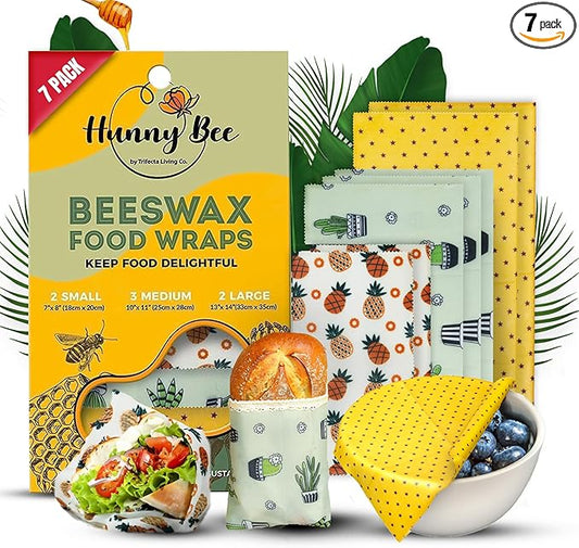 Trifecta Living Co. Versatile Beeswax Wraps,Set of 7-Fresh Food Keeper, Durable & Easily Cleaned, Sustainable Step Towards a Zero-Waste Kitchen, Unique Designs (Pineapple, Cactus, Star)
