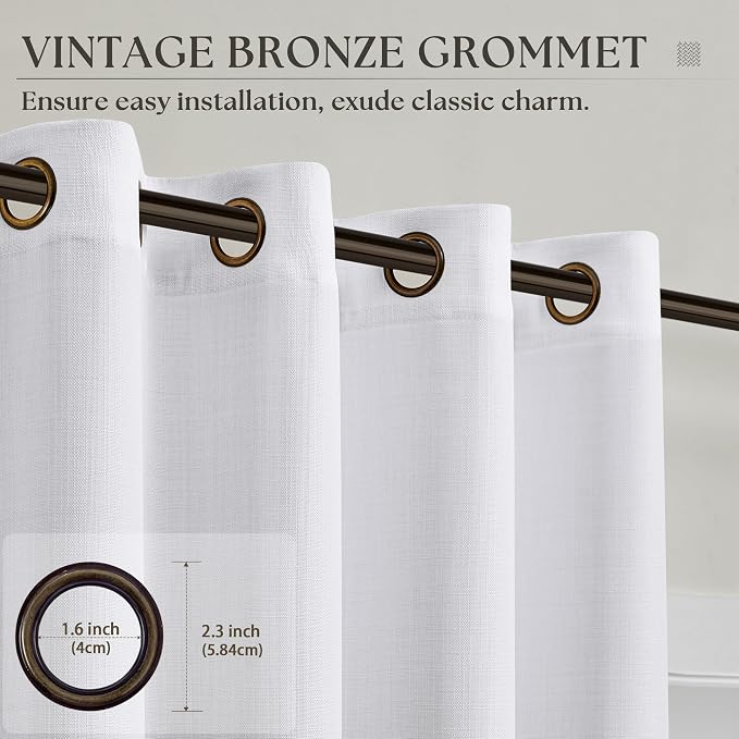 80 Inches Long White Linen Curtains 2 Panels for Living Room Large Window Bronze Grommet Top Semi Sheer White Drapes Light Flitering Privacy Floor to Ceiling 80 Inch Curtain Panels for Sliding Door