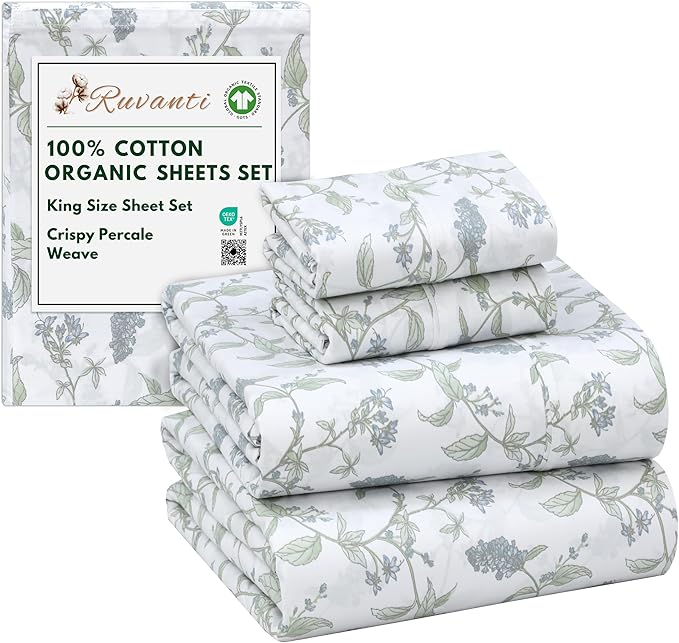 RUVANTI 100% Cotton Organic Percale Sheets King Size – Crisp Cooling Bed Sheets for Hot Sleepers, Deep Pocket 15”, Soft Peach Finish, Breathable & Durable Hotel-Style 4 Pcs, Vine Yard