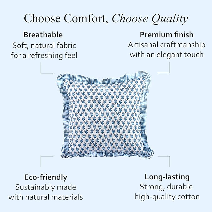 CPC Block Print Ruffle Throw Cover Apatite Blue 24"x24" Inch Pack of 2-100% Cotton Ruffle Couch Decorative Boho Pillows Case for Living Room, Bedroom, Sofa, Farmhouse Gift for Spring, Mother's Day