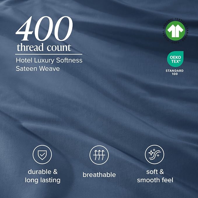 Bare Home 100% Organic Cotton Twin Extra Long Sheet Set - 400 Thread Count - Smooth Sateen Weave - Breathable & Cooling - Hotel Luxury Set - Deep Pocket Bed Sheets (Twin XL, Bering Sea)