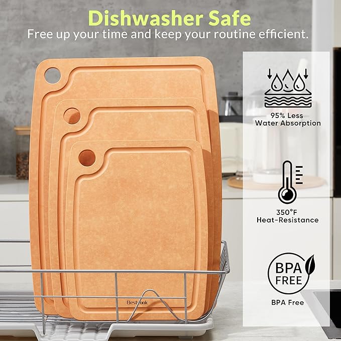 Cutting Board for Kitchen, 14.6x10.8Inch Wood Fiber Composite Cutting Board with Juice Groove and Non-slip Feet, Dishwasher Safe, Knife-Friendly Chopping Board for Meat, Bread, Fruit, Wooden