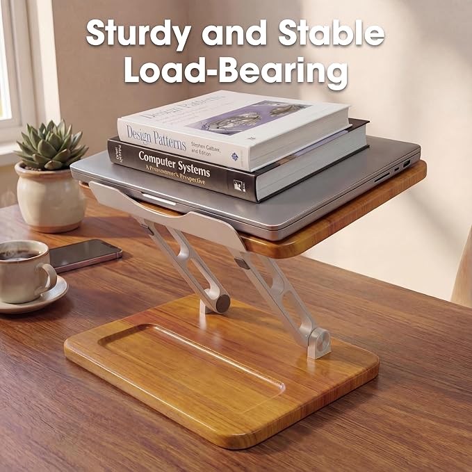 Wooden Laptop Stand with Storage Slot, Ergonomic Adjustable Height & Angle, Ventilated Cooling Design, Foldable for 10-17 Inch Laptops & Tablets