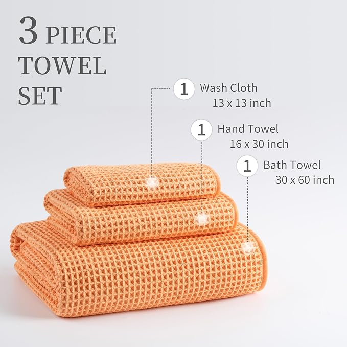 MICROFI Microfiber Waffle Bath Towels, 3 Pieces, Oversized, Soft, Absorbent, Fast Drying, Lint Free, Includes Bath, Face and Hand Towels 430 GSM