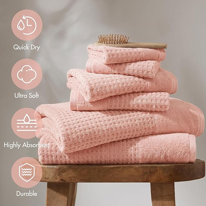 Madison Park Spa Waffle 100% Cotton Luxurious Towel Set, Premium Texture Waffle Weave, Highly Absorbent, Quick Dry, Hotel & Spa Quality Wash Clothes for Bathroom, Assorted Sizes, Pink 6 Piece
