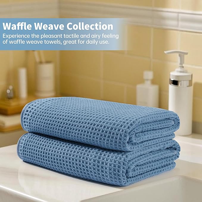 MICROFI New Microfiber Waffle Bath Towels, 2 Pieces, Oversized, Soft, Absorbent, Fast Drying, Lint Free 430 GSM (Blue)