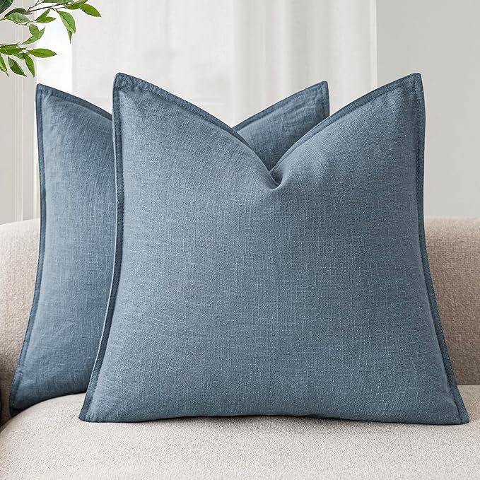 Foindtower Set of 2, Decorative Linen Soild Throw Pillow Covers Soft Accent Cushion Euro Case Boho Farmhouse Pillowcase for Chair Couch Sofa Bedroom Living Room Home Decor 16 x 16 Inch Misty Blue