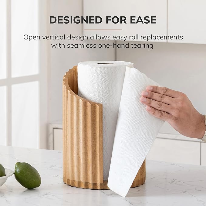 Anji Mountain Wooden Paper Towel Holder Countertop with Mango Wood Round Base and Iron Holder, Holder Stand for Kitchen Roll Organizer & Kitchen Dining Table Home Decor - Mango/Gold, Fluted