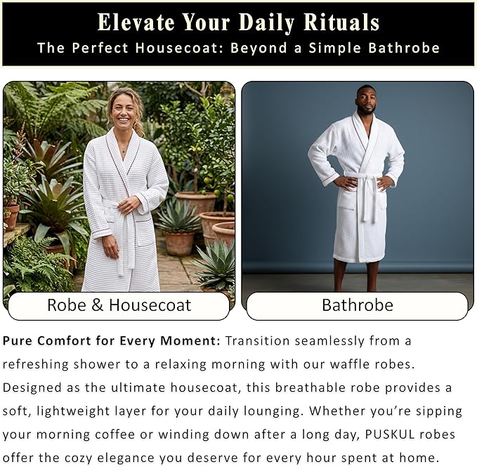 PÜSKÜL Luxury Waffle Robe for Women & Men - Natural 100% Turkish Cotton Bathrobe - Housecoat Womens & Housecoat Mens
