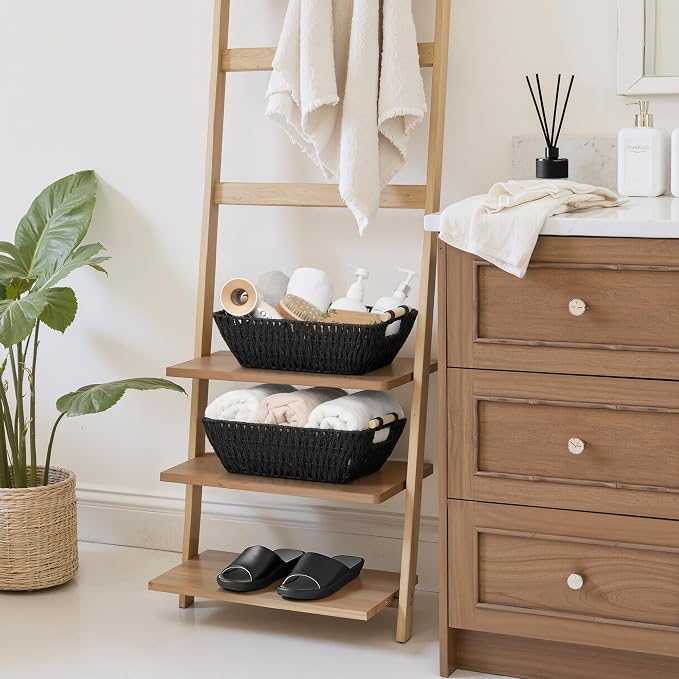StorageWorks Large Wicker Storage Basket for Organizing with Wooden Handles, Toilet Paper Baskets for Shelf, Black, 2-Pack
