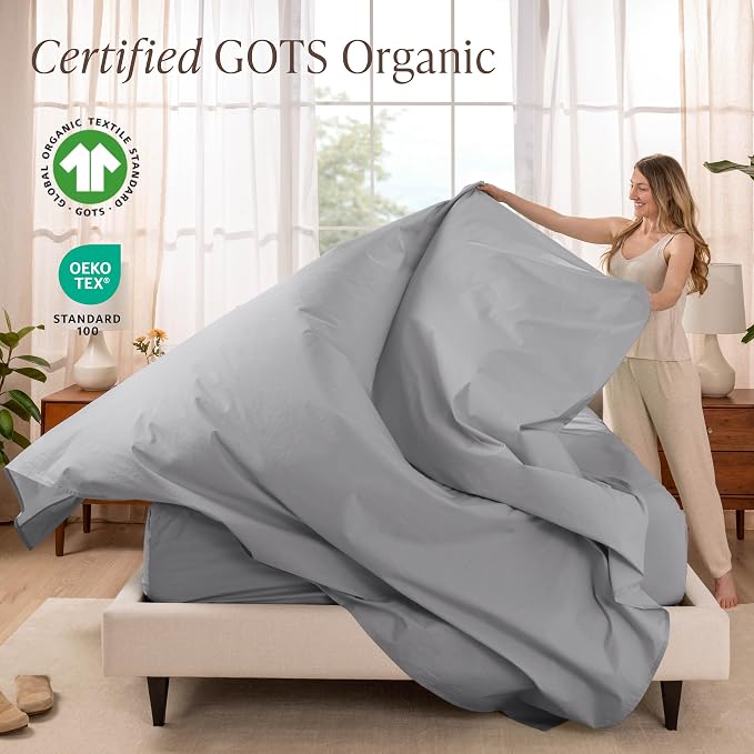 Bare Home 100% Organic Cotton Queen Sheet Set - Crisp Percale Weave - Lightweight & Breathable - Bedding Sheets & Pillowcases (Queen, Light Grey)