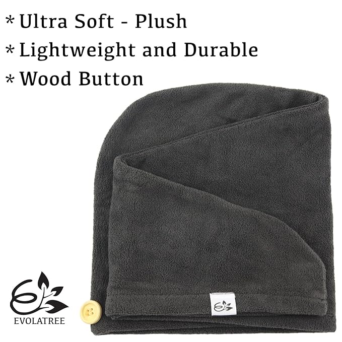 Evolatree Microfiber Hair Towel Wrap for Women – Quick-Dry Anti-Frizz Hair Turban with Wooden Button, Designed in Canada for Mindful Hair Care – Raven Dark Gray