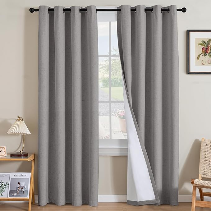 H.VERSAILTEX Linen Curtains 100% Blackout Curtains for Bedroom 90 inch Long Full Light Blocking Nature Linen Blended Window Curtains for Living Room Nickel Grommet (2 Panels, Heathered Dove)