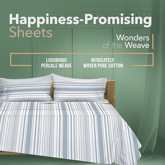 TEXAS LINEN CO. 100% Organic Cotton Sheets California King Size - 4 PC Organic Cotton Cal King Size Percale Printed Sheet Set, Soft, Cooling & Crisp, 16" Deep Pocket Hotel Bedding Set - Dotted Stripe