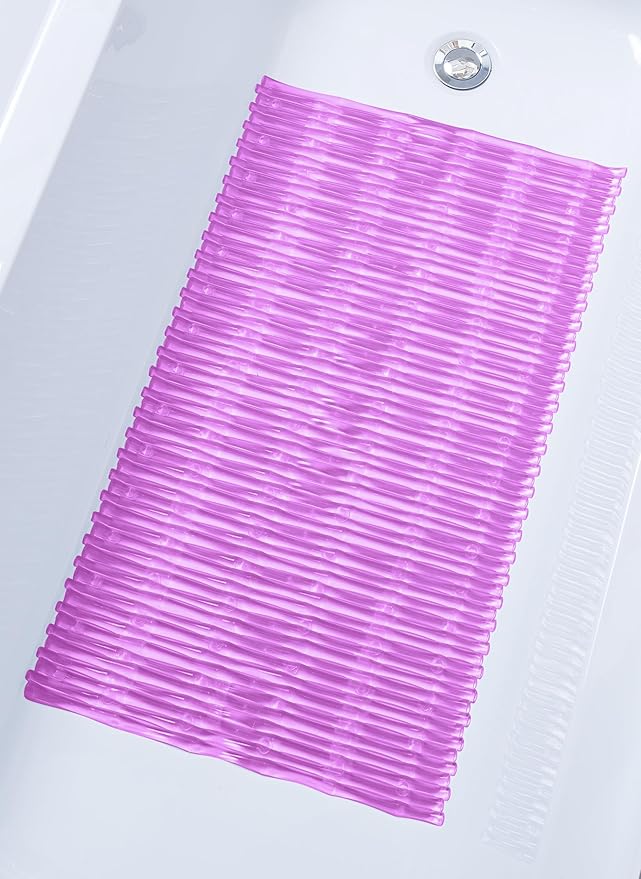 "Bamboo Non-Slip Bath Tub Mat - Non-Toxic - Safe, Clean, Machine-Washable, Superior Grip & Drainage - Non-Slip Bath Mat - Vinyl - for Smooth/Non-Textured Tubs Only - Transparent Pink