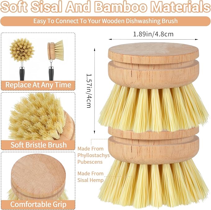 10pcs Natural Wooden Dish Brush Replacement Heads with Sisal Bristles – Eco-Friendly Kitchen Scrubber Refills for Pots, Pans, Utensils – Safe Scratch-Free Cleaning Brush Heads (1.89x1.57in)