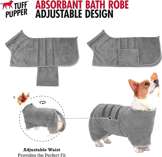Tuff Pupper Fast Drying Dog Bath Robe | 800 GSM Plush Dog Towel Bathrobe/Dressing Gown | Super Absorbent Pet/Puppy Bathrobe | Adjustable Hood & Belly Strap | Super Soft | Fast Drying (XXXL, Gray)
